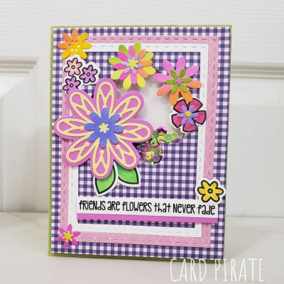 Friends are like flowers
ink: Razzleberry, Guava, Grape, Banana, Kiwi, Green Apple Cardstock: kiwi. Patterned cardstock from the Hip Hip Horray and XOXO Collections

Stamp sets & dies used: Floral background, flowers, newportflowers2stamp, stitched rectangles
