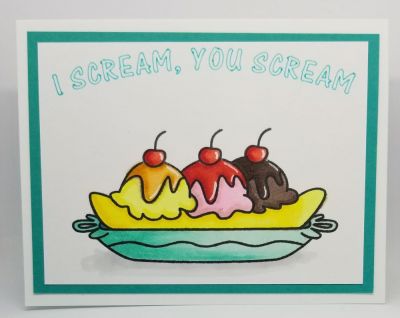 I scream, you scream
A clean and simple card using bananasplit2stamp with sentiment printed on the cardstock using the Cricut Explore Air in light turquoise. 
Keywords: Bananasplit2stamp