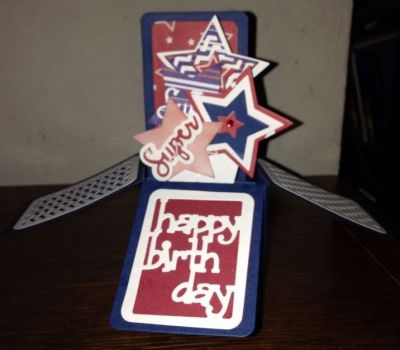 4th of July birthday box card
 I made a Fourth of July Birthday box card stars sticking out from the start triplets 
Keywords: Red white blue stars box card