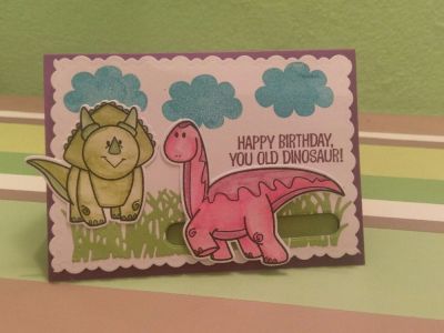 Dino penny slider card
This is actually a "20 Swiss franc cent slider card", as we don't have pennies here! It's a birthday card for my father-in-law. The inside is stamped "Have a dino-mite birthday" and the back has my personal stamp! 
Keywords: dino, dinosaur, penny, slider, birthday