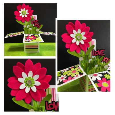 Bold & Bright Sparkle Box Card 
A super girlie BIG bold & bright felt flower made with the leaf die from the Box Card Die Set! Love You "flowers" from the Heart Step-Ups Card Die Set. Sugared glitter paper and color washed grass too :)
