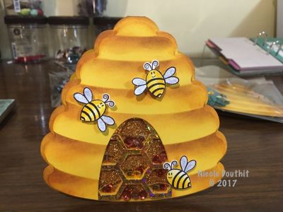 Liquid Honey Bee Shaker Card 
A fun bee hive card with "liquid honey" and bees :)
Keywords: Bee shaker
