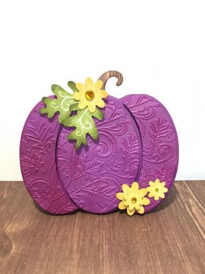 Purple Harvest Pumpkin Card
Hobby Lobby always displays a gorgeous rainbow of pumpkin decor...I went out of the box and made my pumpkin a berry plum color ;-)
Keywords: Pumpkin