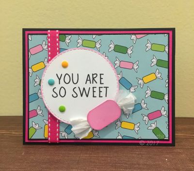 Sweet Treat Card 
An easy layered card :)

I made the "candy" by rounding the corners of a rectangle and adding little scrunched tissue pieces for the "wrapper" ;-)
Keywords: August Grateful Kit