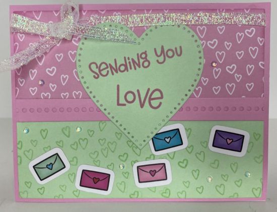 Valentine card 
Keywords: Lovebugs2stamp, dotted hearts, ribbon border dies