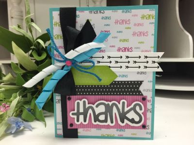 Thanks Card
Keywords: Thanks, word dies, embellishments, card kit, patterned paper, 