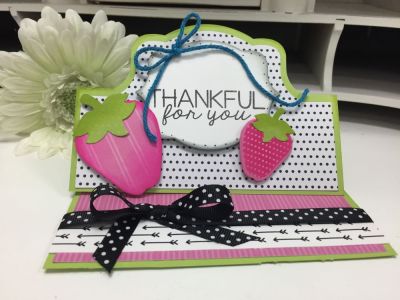 Thankful For You Strawberry Card
Keywords: Card kit, embellishments, patterned paper, strawberries, stand ups
