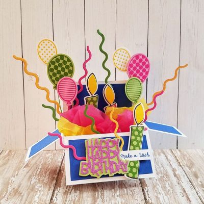 Keywords: Sizzix Box Card Set, balloons2stamp stamp&die set, candles4birthday, candle dies, Sizzix Borders Thinlits Die Set, Tag Holder Die Set