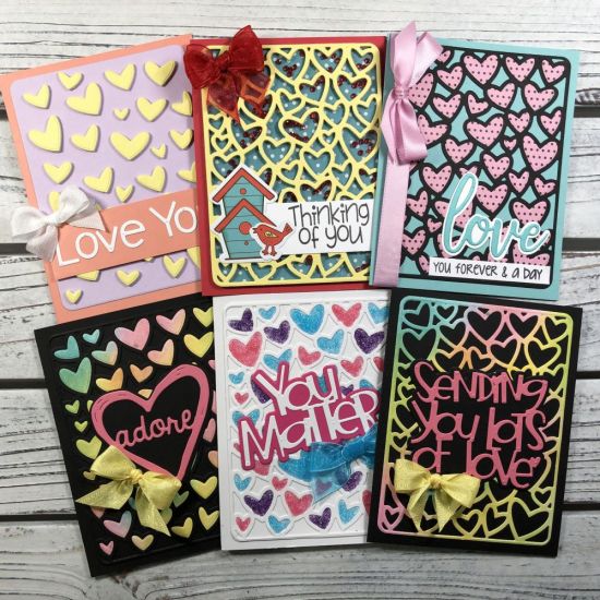 6 Cards with 1 Background Die - Heart Two Background
 I'm sharing 6 cards that I made using the brand new Heart Two Background Die from The Stamps of Life. Several fun techniques were used to make these cards including one being a shaker card! A full tutorial on how I made these cards is on my YouTube channel - https://youtu.be/bs_KvOAYEfk

Keywords: Heart Two Background Die