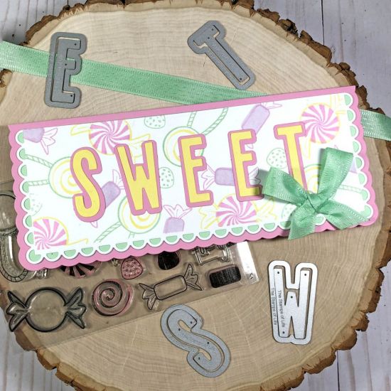 Sweet Slimline Card
Today I�m sharing a slimline card that I made using several fun products from The Stamps of Life. I used the brand new Solid Alphabet die set for the letters on this card. I created my own pattern paper using the Candy2Share stamp set. The card base is the Scalloped Slimline die set. 
Tutorial on YouTube
Keywords: candy2share slimline cards