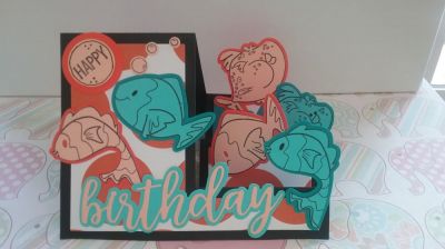 Fishy Birthday
Step up card, fish dies and stamps. Birthday die cut. 
