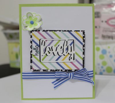 Hello Lovely
Lovely Collection Pattern Paper (July 2017 Card Kit)
Lovely Die (July 2017 Card Kit)
Blue Ribbon (June 2017 Card Kit)
"hello" stamp & flower die cuts (Flowers and Fence stamp/die set)
