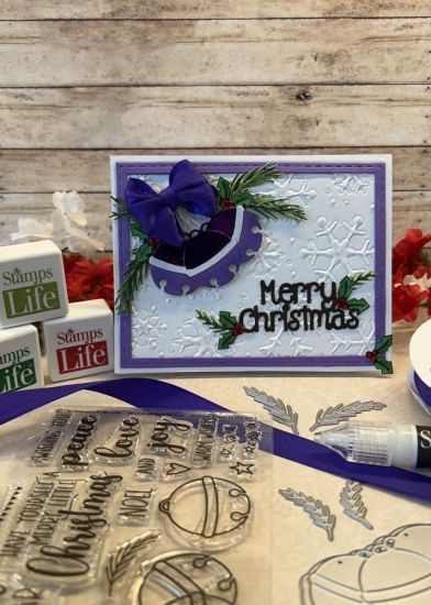 Keywords: Jinglebells2stamp & dies, morejinglebells2stamp & dies, snowflake background die, 3�d inks, ribbon