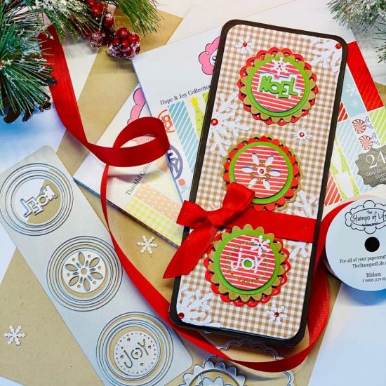 Christmas slimline card
Keywords: Triple circle Slimline drop in dies Rolled flower Kit Snowflake die Snowglobe2stamp dies