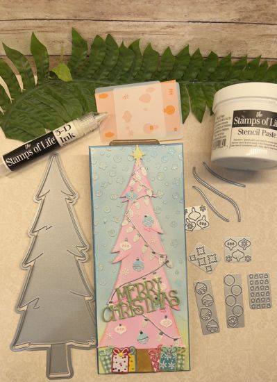 Keywords: Tree Slimline Fold-it, Merry Christmas word dies, stencil paste, & 3�d ink