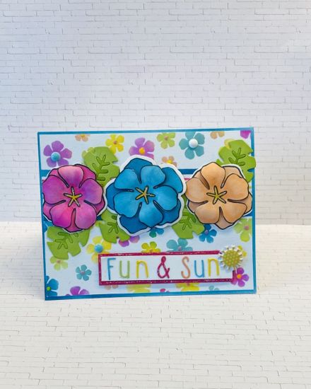 Sun and Fun
Fun and Sun dies flowers are the tropical2stamp and dies August 2019
Keywords: Flowery hibiscus stenciled card with the Tropical2stamp stamps and dies. Words are in the kit along with the embellishments