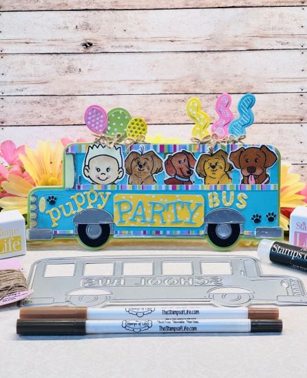 Puppy Party Bus (AKA School Bus Slimline fold-it)
Keywords: School Bus Fold-it, upper case type letters, 3�d ink, TSOL markers, & mini ink pads