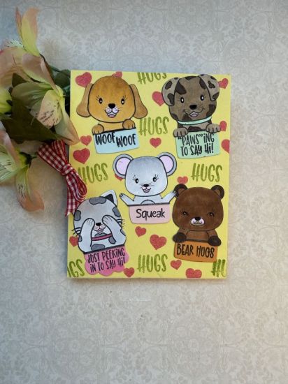 Peeking Critters & More Peeking Critters
I stamped the images on the card, using the dies I cut all of the critters using TSOL mask it tape- covered each animal to color the yellow background color (pineapple) then colored everything AFTER the background color dried. 

