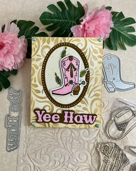 Howdy Western Clear stamps & dies (only)
Howdy Western Clear stamps & dies Now being sold on the TSOL separate from the class 

 (Yee Haw die Not being sold separately)
Keywords: Howdy boots