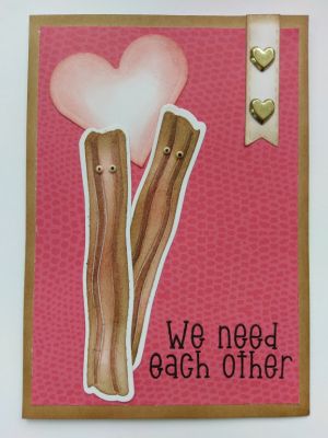 We need each other
These two adorable bacon strips are too cute to eat! And they need each other! One of the great sayings off of the additional stamp set "sayings4baconandeggs". A perfect card for any occasion of love.
Keywords: bacon love