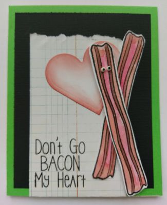 Don't go bacon my heart
Putting together this adorable & cleverly spoken card wasn't very difficult & could be designed with many different background papers. Nuvo black &  white crystal drops made the bacon's eyes. That strip of bacon is also popped up off the card (foam dots). A ripped piece of notebook paper goes all the way down to the bottom of the card. Instead of cutting the paper at the edge, I wrap it around so it won't ever peel up. One big heart is all that is needed to make these two strips look like they are in love.
Keywords: bacon love