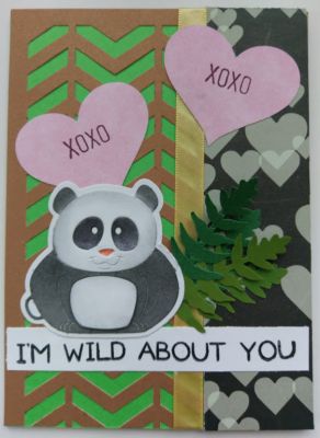 I'm wild about you (A panda in love)
This panda bear was die cut onto white cardstock using both dies and colored in with black distress ink. The cuts made in the image are perfect for aligning paper to color only the areas you want colored. His little pink nose was colored in with a fine marker. The "I'm wild about you" sentiment goes perfectly with the panda as well as the other sayings from this set. 
Keywords: panda love