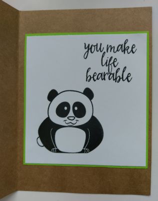 Inside of my panda card
Since I didn't want to leave the inside of the card blank, I stamped the panda and sentiment in black StazOn ink and matted in matching green paper. The stamp came out so perfectly and always does with this brand. I believe they are the best quality made stamps and the way they perform is amazing. Also the sayings that come with this set are adorable. I used "You make life bearable" because the front already had "I'm wild about you".
Keywords: panda