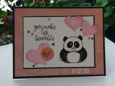 You Make Life Bearable
This pudgie panda knows how to show some love! He's stamped in black ink and is surrounded by heart shapes made with punches. The sentiment "you make life bearable" is a perfect match and makes this card filled with love turn a bit witty...and fun!
Keywords: panda love