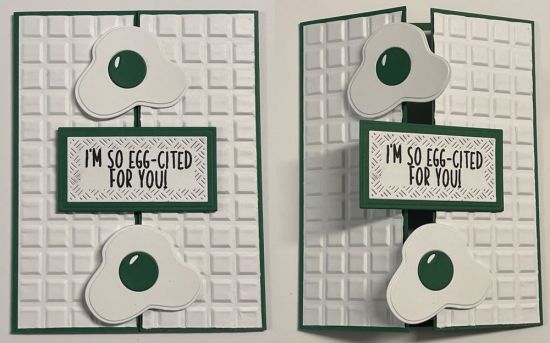 Craft Roulette Episode 165 Submission
Craft Roulette Episode 165 - Card 7
Project: A2 card w/eggs and sentiment flaps. 
Colors: GREEN for evergreens and WHITE snow. 
Element: Green Eggs from Dr. Suess' Green Eggs & Ham. 
Random: Tile embossing folder.
