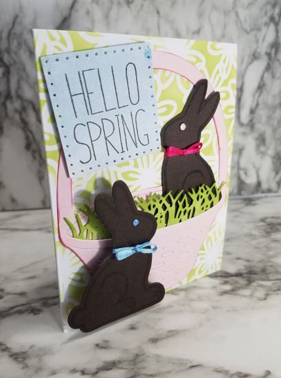 Chocolate Bunny Basket
Keywords: HelloHummingbirdClass Basket from the Happy Hummingbird online class, ChocolateBunny2Stamp and matching dies and palette4mirror. Background, Open Flower stencil.