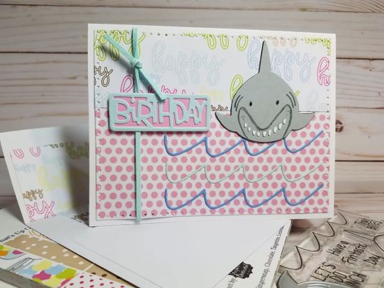Shark Birthday
Keywords: Shark Pudgie Paper- What's Up and Together Collections Birthdays die from the 5X7 Box Die Dotted Rectangles die Ribbon from the December Kit Club 2019 Envelope Liner Die