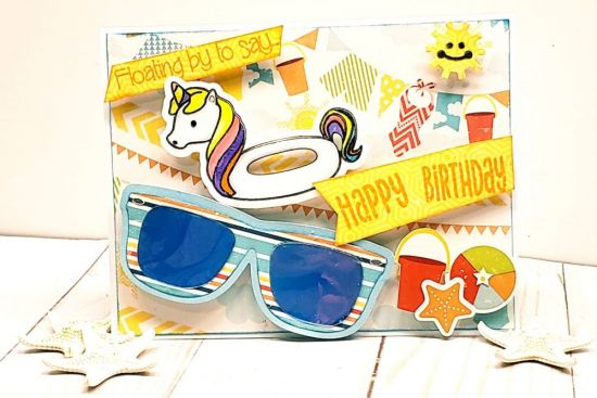 Floating by to say...Happy Birthday
A fun happy birthday card using both stamps and die sets from Floaties2stamp set and sunglasses2stamp set. Using both make a great combination. Also used foam adhesive to give a 3D look.
Keywords: happy birthday card summer card