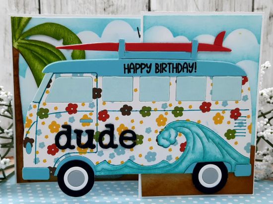 70s Bus fold it
Keywords: Z fold card bus wave clouds sand beach palm tree fire pit birthday