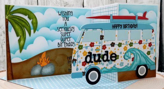 70s Bus fold it (inside)
Keywords: Bus z fold card wave clouds sand beach palm tree fire pit birthday