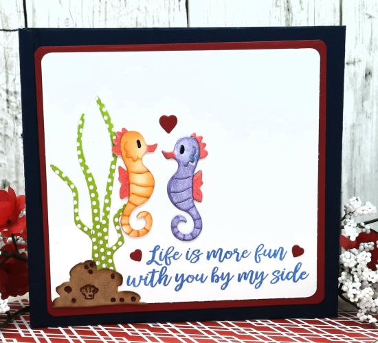 Fish Tank fold it (back of card)
Keywords: Fish tank seaweed coral seahorse sandcastle anchor box card love ocean