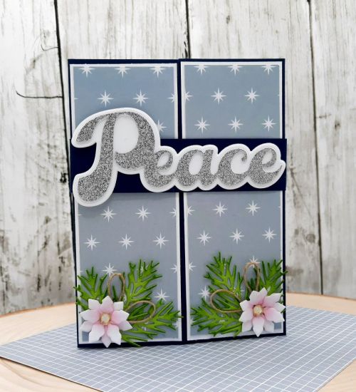 Peace & Joy Holiday words 
Keywords: Poinsettia christmas gatefold card nativity