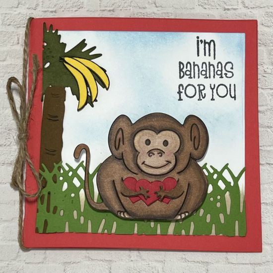 Keywords: squarecard Monkey Pudgie, bananas, grass, hearts, flamingo club set (palm tree), hearts2love, 4x4 card