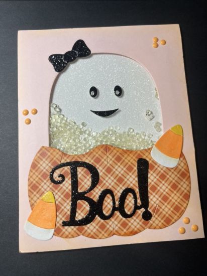 Boo!
Combined the Happy Ghost with the Pumpkin Owl fold-it’s. Made it a shaker with glow in the dark shaker buts from my stash. 
Keywords: Ghost Pumpkin Fold-It’s