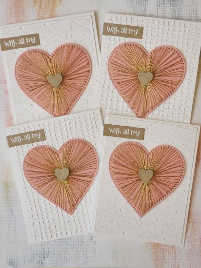 Stitched Heart Valentines Cards
Cards I made in 2023 using:  Dotted hearts die set, Burlap Background die, Stitched Envelope A2 Background die and the candyhearts2stamp set. 
Keywords: dotted hearts burlap background die stitched envelope A2 background die candyhearts2stamp