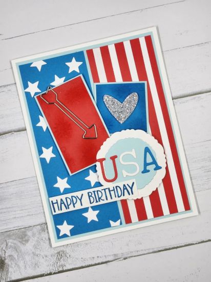 Happy Birthday USA
Lots of TSOL products used to make a Birthday card for Independence Day. 
Keywords: Dotted Stars Uppercase Type Alphabet Die Set Stencils from Camera Fold-It Poppy Pool Blue Jay, Deckle edged circle shapes