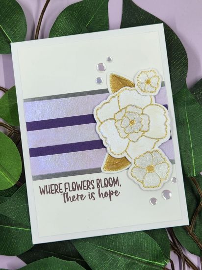 Where Flowers Bloom
Using the posies2stamp set I colored in the flowers to use as the focal point. The silver paper and sentiment is also from TSOL. 
Keywords: posies2stamp