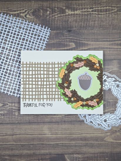 Thankful For You
I used the Burlap Background Die as a background stripe across the card center with the Holly wreath cut from brown paper for an Autumn wreath.
Keywords: hollywreath2stamp burlap background die