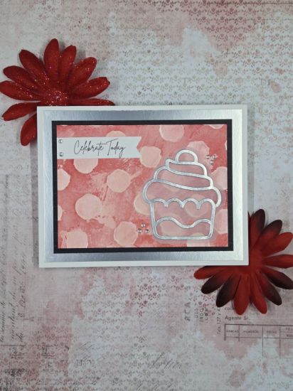 Celebrate Today
I used matte silver paper for the cupcake outline and vellum for the shadow layer on a background I made using a stencil, ink and paste.
Keywords: mini cupcake die