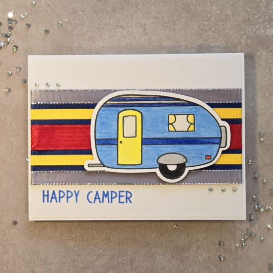 Happy Camper
Camper2stamp set and dies used with TSOL ribbons in the background.
Keywords: camper2stamp