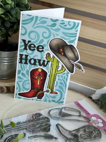 Keywords: howdy western birthday cowboy hat boot cactus stencil
