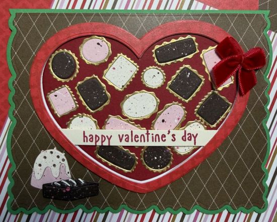 A Valentine Box of Chocolates
A Valentine Box of Chocolates using the A1 heart wonky dot (from Dec. 2024 card kit) and the chocolates2stamp stamp and die set. I spattered acrylic paint to make the paper I used to cut out the candy. The background is from the Love You More paper pad. 
Keywords: box heart chocolates valentines