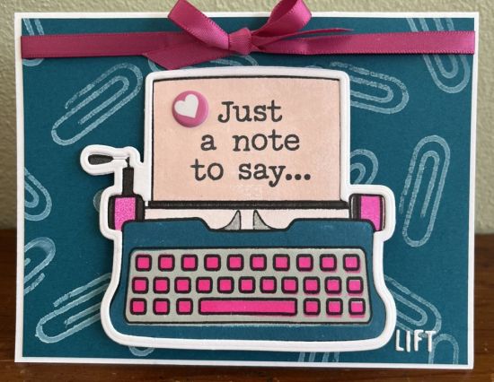 Typewriter Valentine
The background was made by using adhesive foam to make a diy stamp. It is powdered sugar ink on peacock cardstock.  There is a pillow heart. I used the typewriter2stamp set and solids4typewriter, guava and peacock ink, colored the little paper guide with a silver sharpie. The typewriter lifts up to reveal a message (peekaboo rectangles). 
Keywords: typewriter valentine