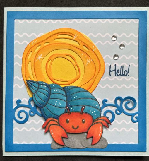 Hello Sunshine Hermit
A square card with a sun, waves and a hermit crab
Keywords: Scribbles2stamp Square Hermit Sun