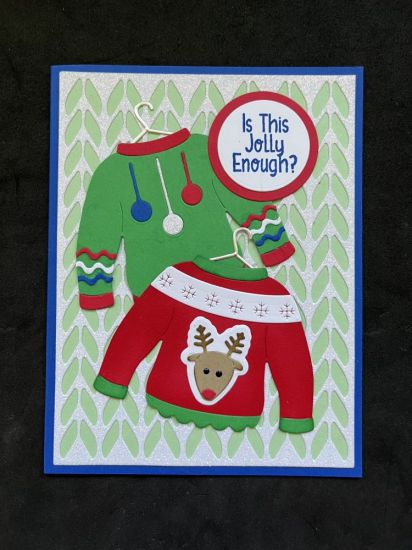 Jolly Sweaters
Two sweaters created with crazysweater2stamp and extras set  Sweater background with white glitter paper and mint chip cardstock
Keywords: crazy sweaters jolly