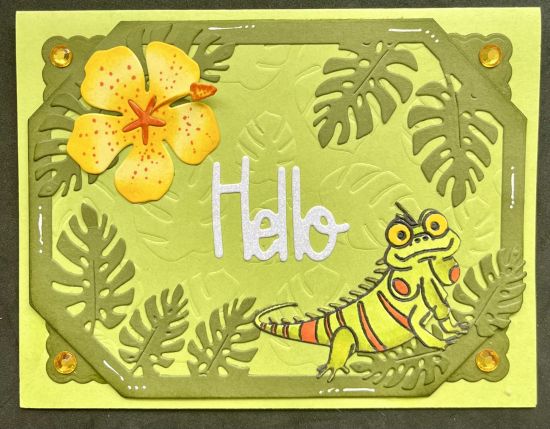 Iguana say hello
Tropical palm frame with iguana and hibiscus
Keywords: Crazy critters iguana tropical palm frame hibiscus deckle rectangle
